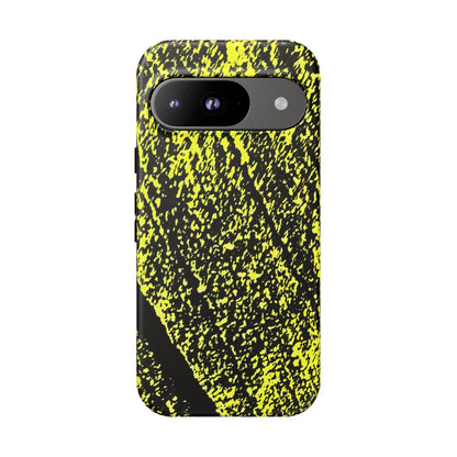 Bloom to Consume protective phone case featuring a black and toxic yellow organic decay pattern.