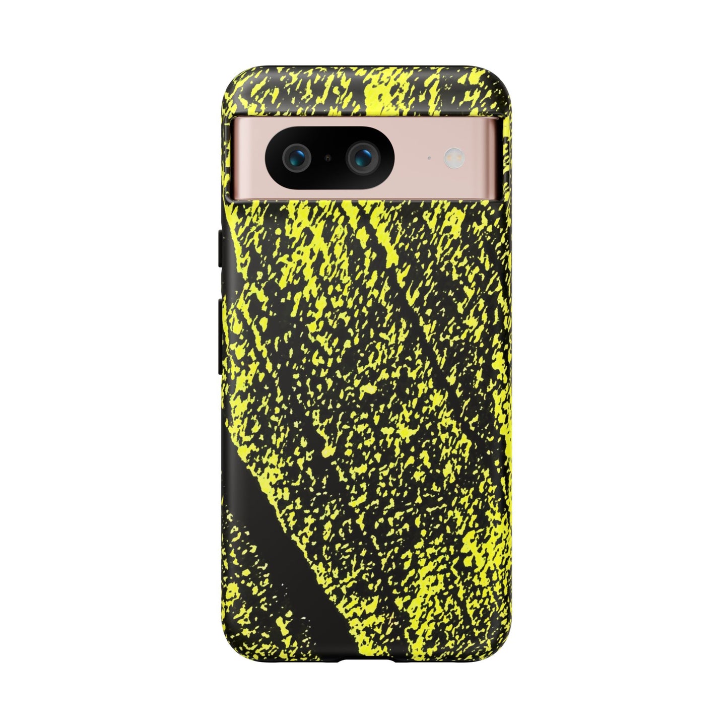 A protective phone case with a high-contrast black and neon yellow abstract textured pattern, shown on a smartphone against a plain white background.