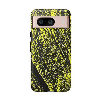 A protective phone case with a high-contrast black and neon yellow abstract textured pattern, shown on a smartphone against a plain white background.
