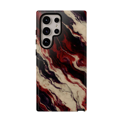 NecroGrip “Fascia” impact-resistant phone case with red, bone, and black marbled streaks, abstract muscle-like pattern on a slim dual-layer shell.