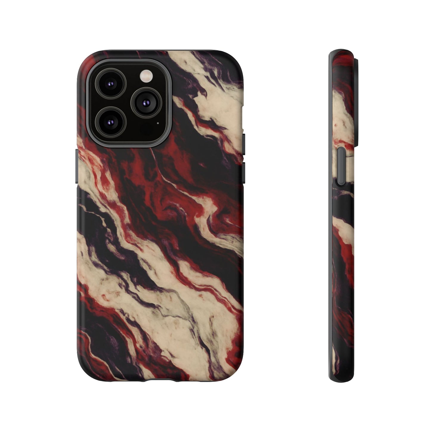 NecroGrip “Fascia” impact-resistant phone case with red, bone, and black marbled streaks, abstract muscle-like pattern on a slim dual-layer shell.