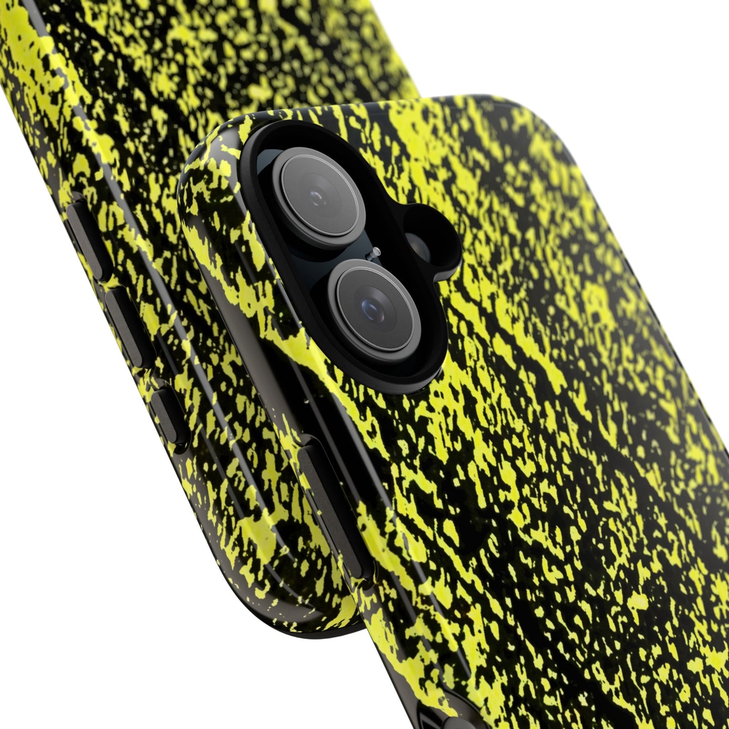 Close-up of a smartphone case with a black and neon yellow splatter pattern, showing the camera cutout and side button openings on a white background.