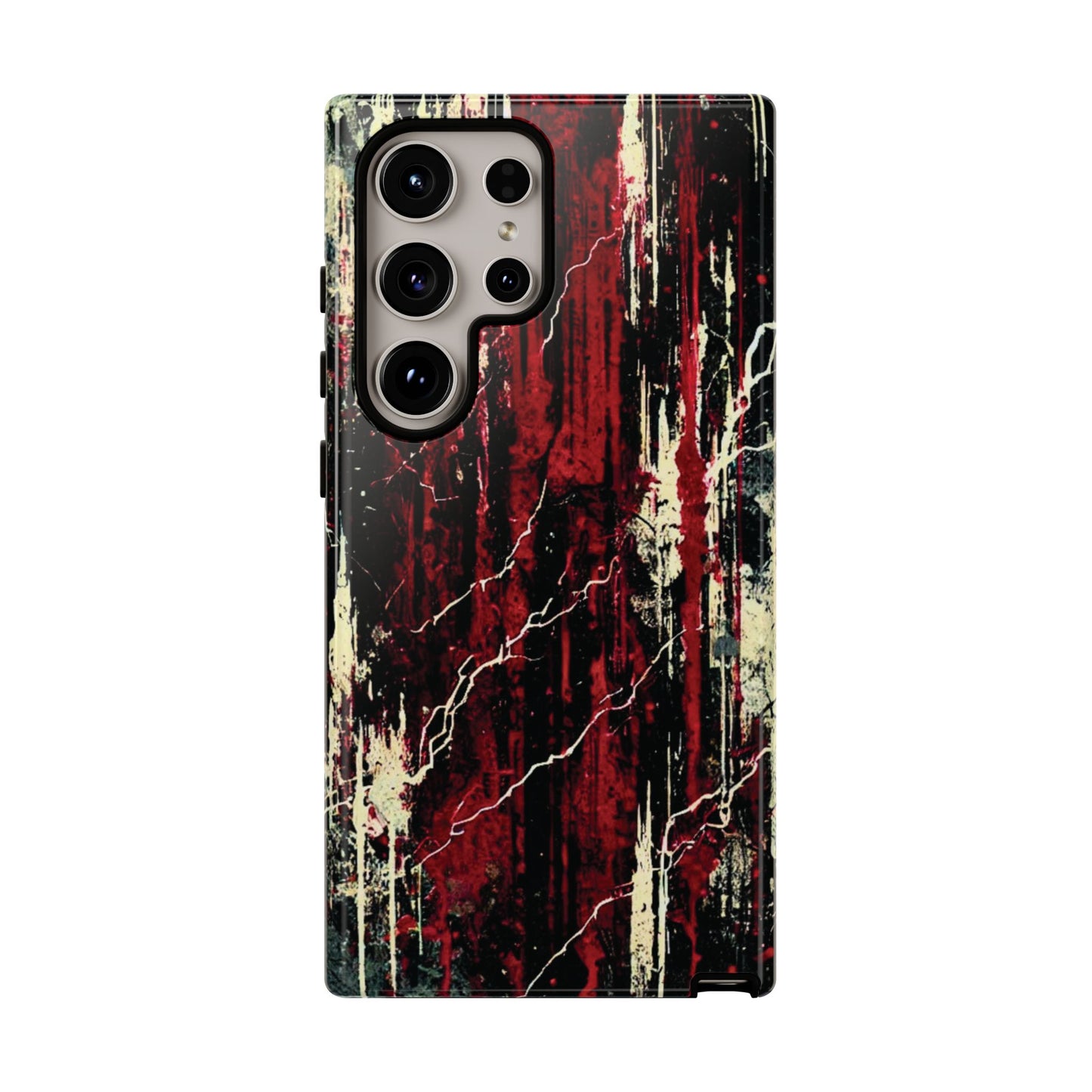 Corrosive impact-resistant phone case with distressed red, black, and bone-white design for iPhone, Samsung, and Google Pixel by NecroGrip.