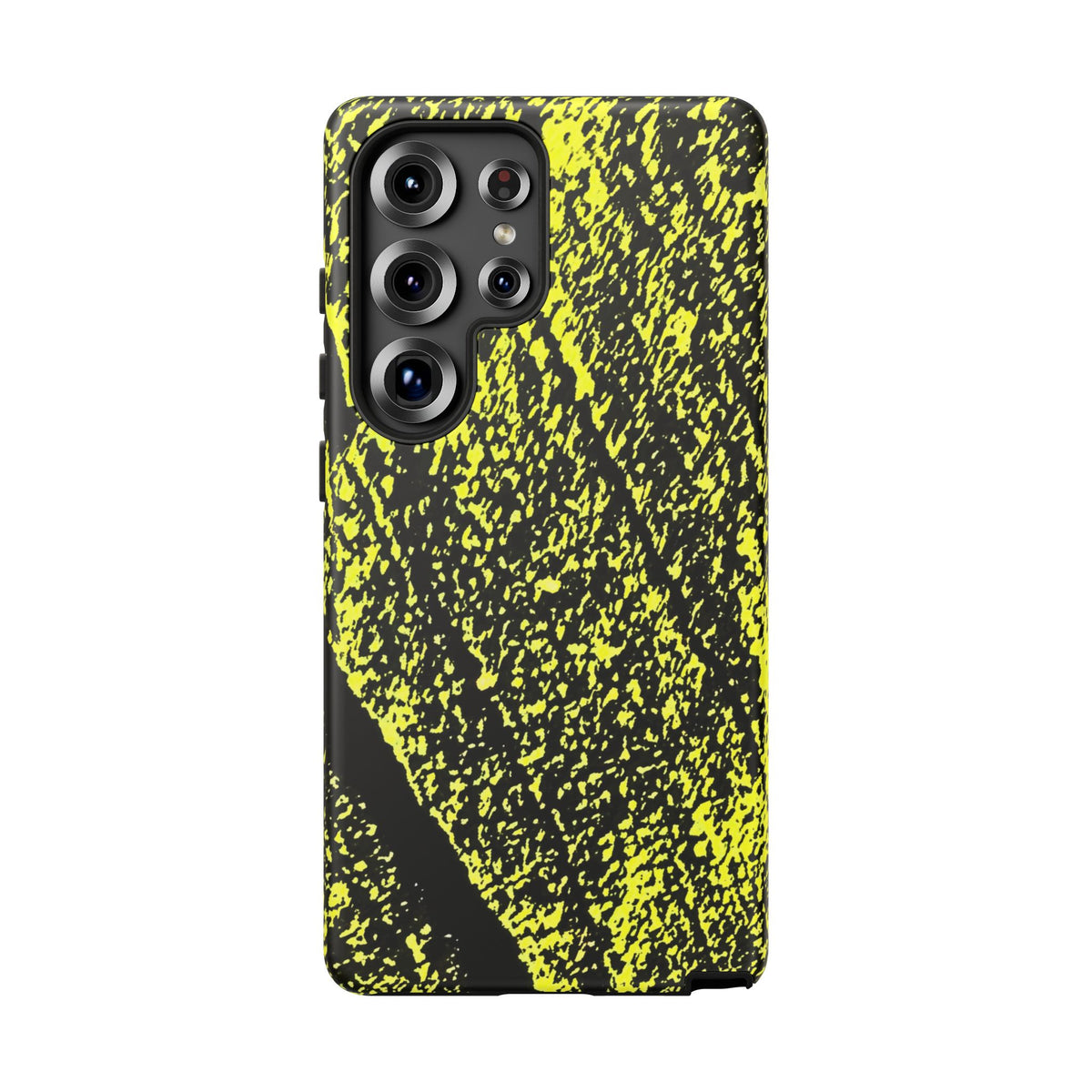 A protective phone case with a high-contrast black and neon yellow abstract textured pattern, shown on a clean white background.