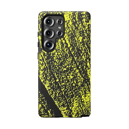 A protective phone case with a high-contrast black and neon yellow abstract textured pattern, shown on a clean white background.