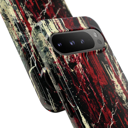 Corrosive impact-resistant phone case with distressed red, black, and bone-white design for iPhone, Samsung, and Google Pixel by NecroGrip.