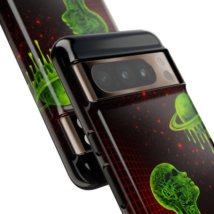 Glowing green anatomical bust gazing up at a dripping Saturn-like planet over a red grid and star-speckled space background on a black phone case.