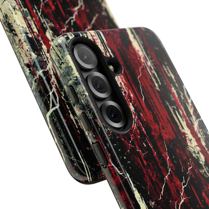 Corrosive impact-resistant phone case with distressed red, black, and bone-white design for iPhone, Samsung, and Google Pixel by NecroGrip.