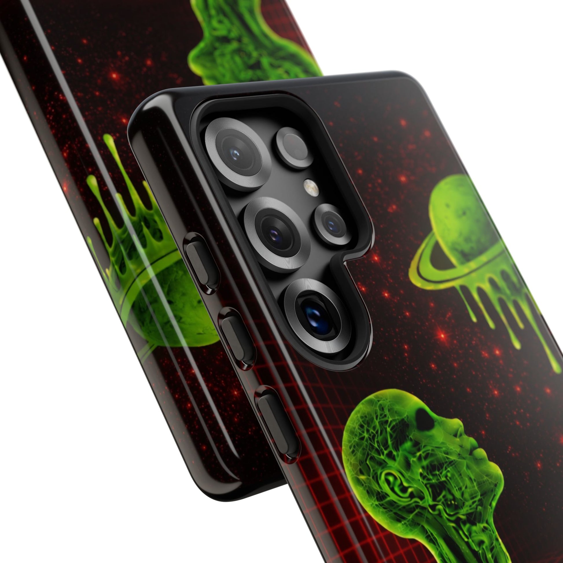 Glowing green anatomical bust gazing up at a dripping Saturn-like planet over a red grid and star-speckled space background on a black phone case.