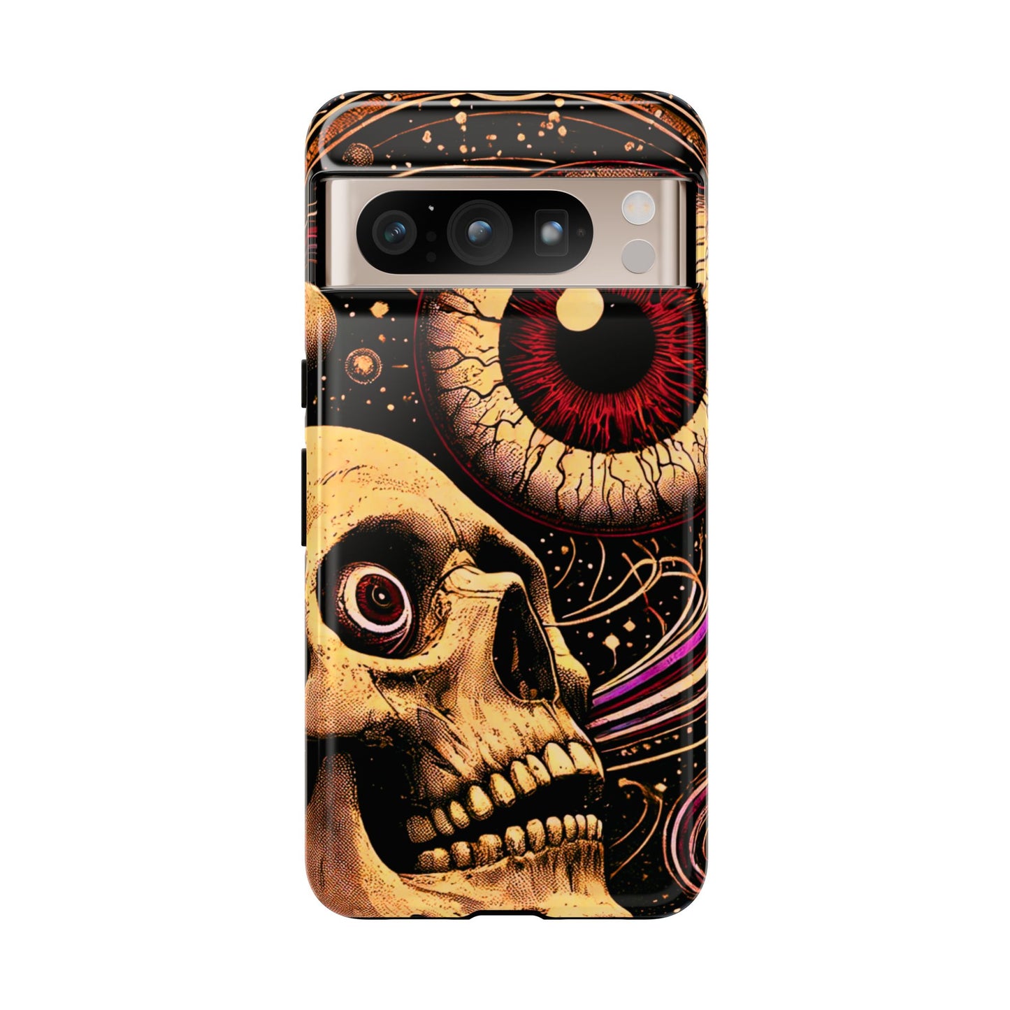 Impact-resistant tough phone case featuring a dark cosmic skull and eye design on a durable dual-layer shell by NecroGrip.