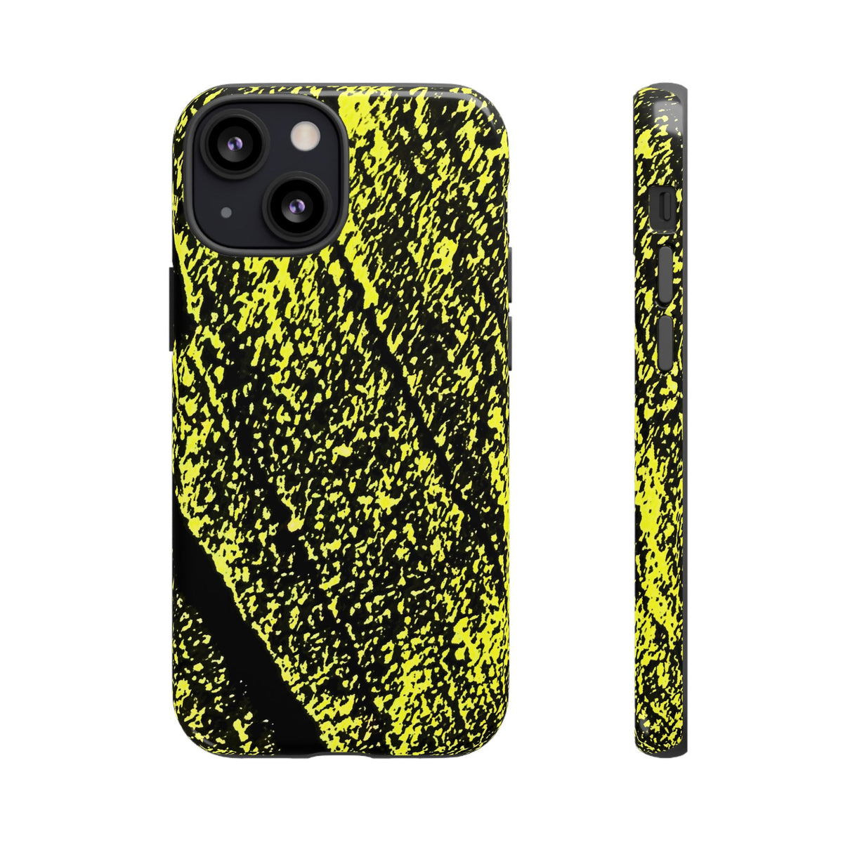 Bloom to Consume protective phone case featuring a black and toxic yellow organic decay pattern.
