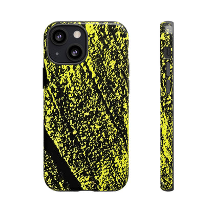 Bloom to Consume protective phone case featuring a black and toxic yellow organic decay pattern.