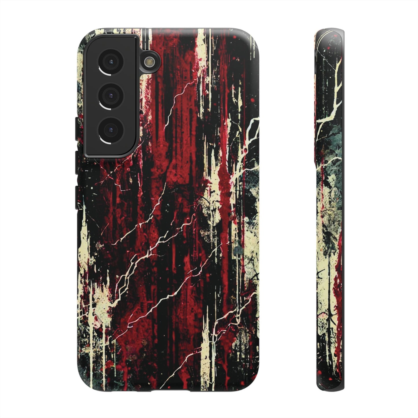 Corrosive impact-resistant phone case with distressed red, black, and bone-white design for iPhone, Samsung, and Google Pixel by NecroGrip.