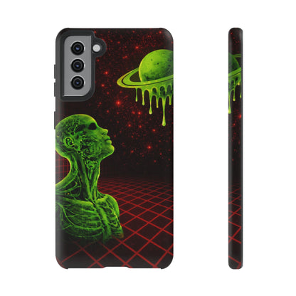 Glowing green anatomical bust gazing up at a dripping Saturn-like planet over a red grid and star-speckled space background on a black phone case.