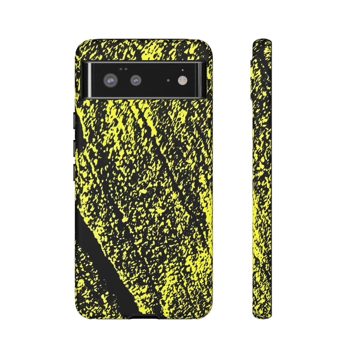 Bloom to Consume protective phone case featuring a black and toxic yellow organic decay pattern.