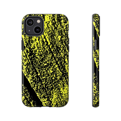 Bloom to Consume protective phone case featuring a black and toxic yellow organic decay pattern.