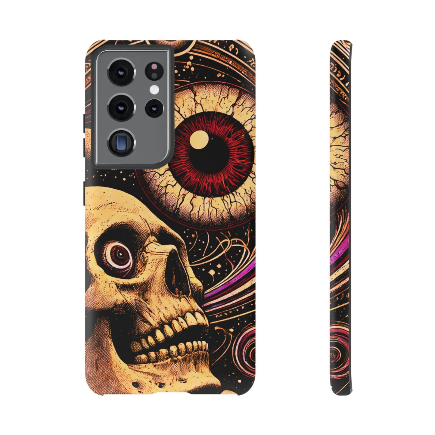 Impact-resistant tough phone case featuring a dark cosmic skull and eye design on a durable dual-layer shell by NecroGrip.