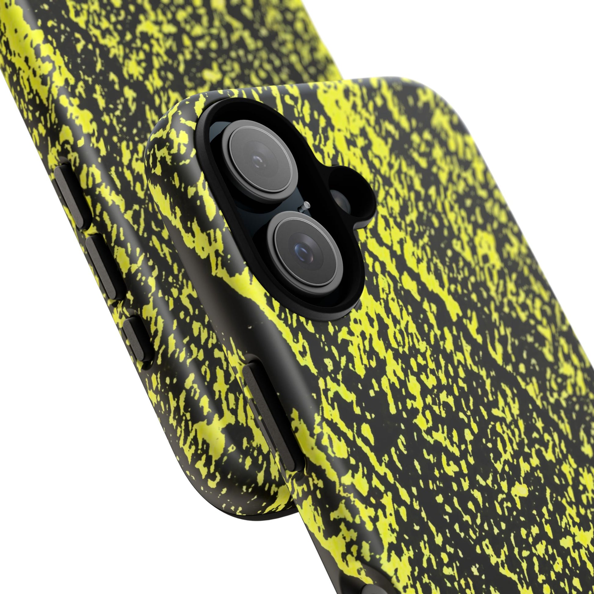 Close-up of a smartphone case with a black and neon yellow splatter pattern, featuring a raised black camera bumper.