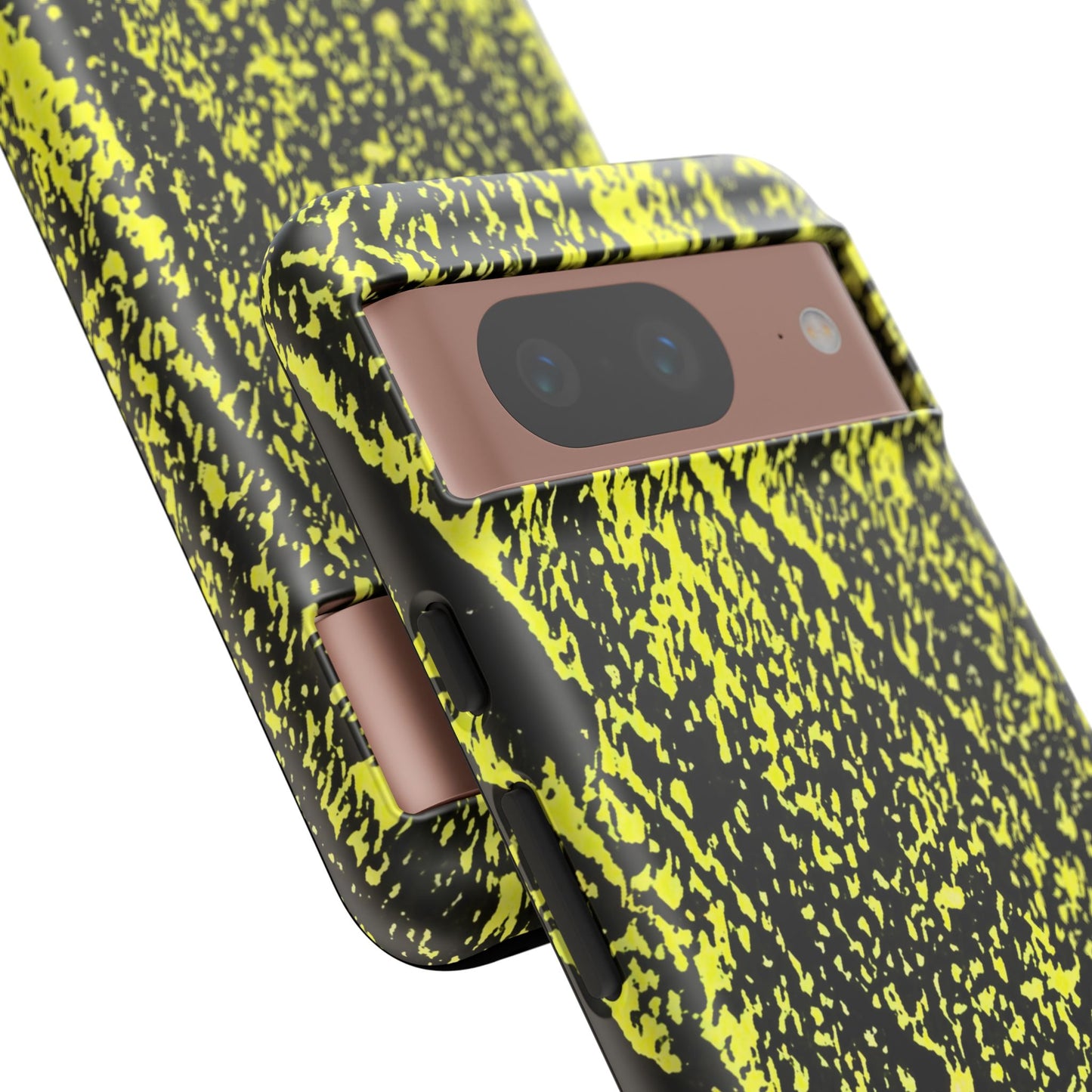 Close up of Bloom to Consume protective phone case featuring a black and toxic yellow organic decay pattern.