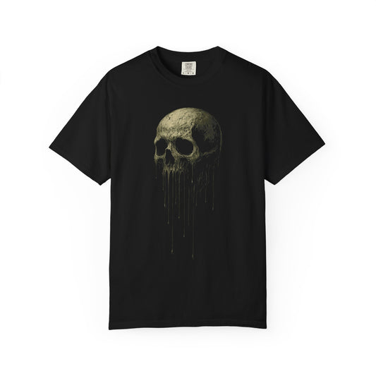 Distorted skull melting downward in a surreal, time-warped style on a black Comfort Colors t-shirt.