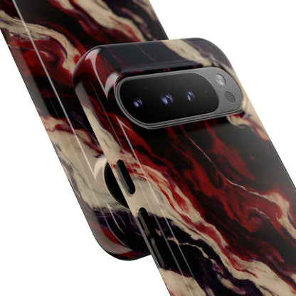 NecroGrip “Fascia” impact-resistant phone case with red, bone, and black marbled streaks, abstract muscle-like pattern on a slim dual-layer shell.