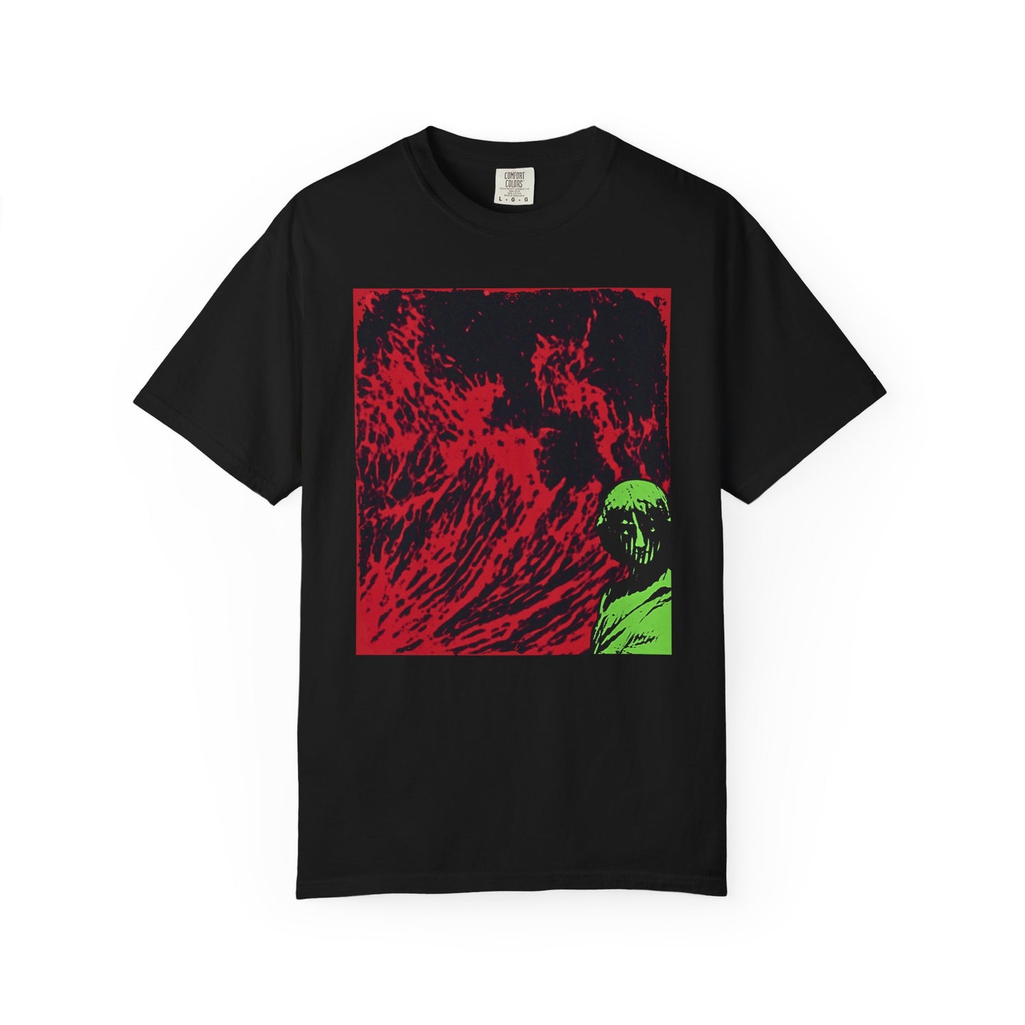 Black gothic t-shirt featuring a green graveyard statue in the corner of a red and black moon-like scene.