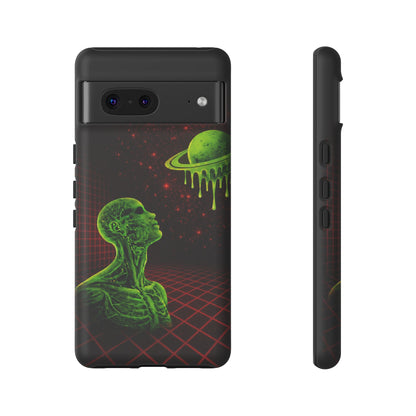 Glowing green anatomical bust gazing up at a dripping Saturn-like planet over a red grid and star-speckled space background on a black phone case.