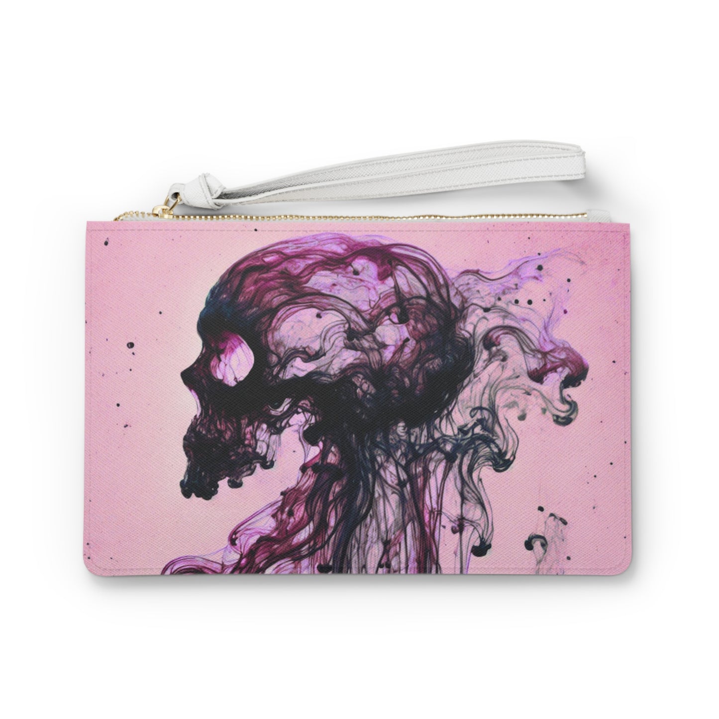 Front of Occipital clutch bag featuring skeletal skull profile in magenta and black swirling ink design.