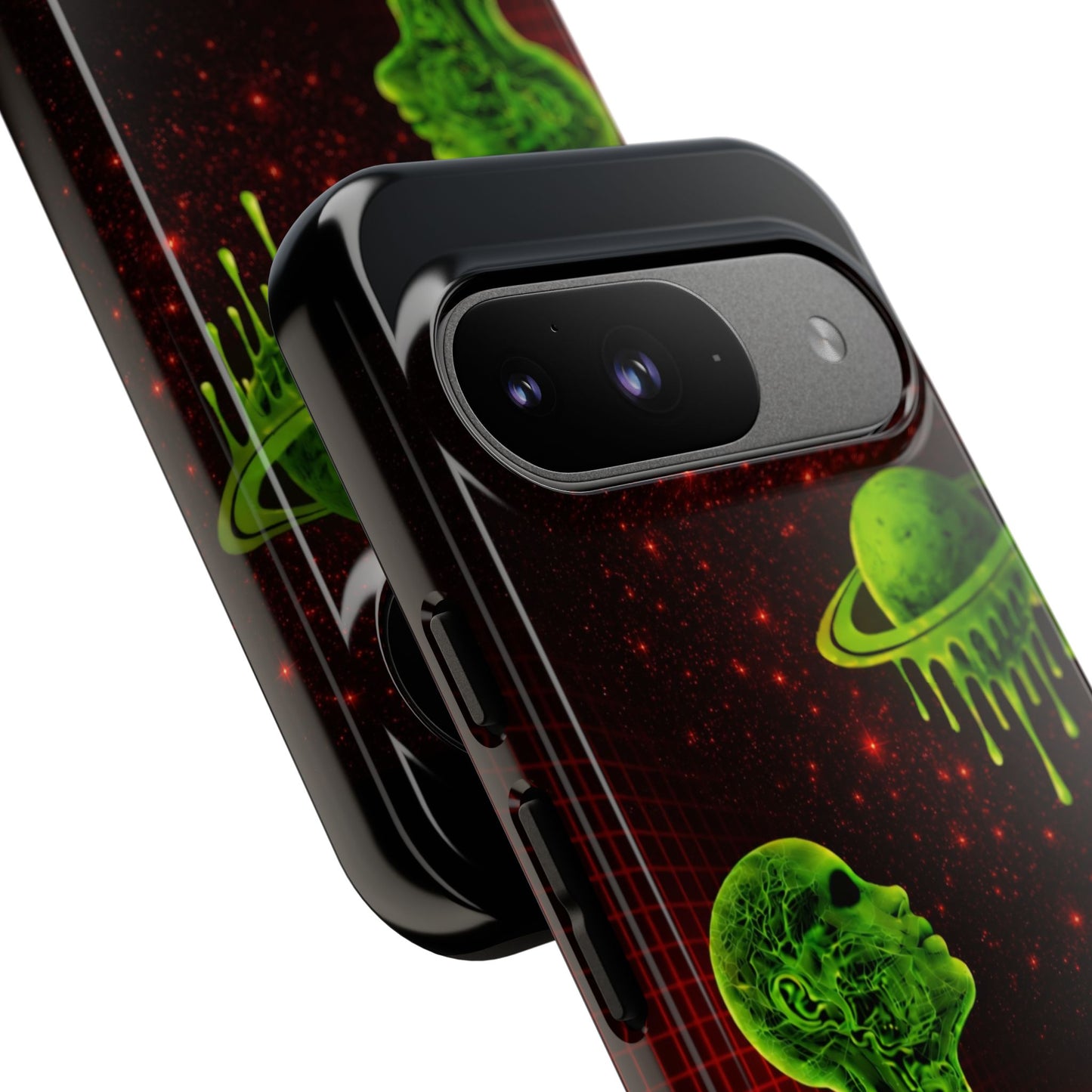 Glowing green anatomical bust gazing up at a dripping Saturn-like planet over a red grid and star-speckled space background on a black phone case.