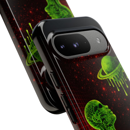 Glowing green anatomical bust gazing up at a dripping Saturn-like planet over a red grid and star-speckled space background on a black phone case.