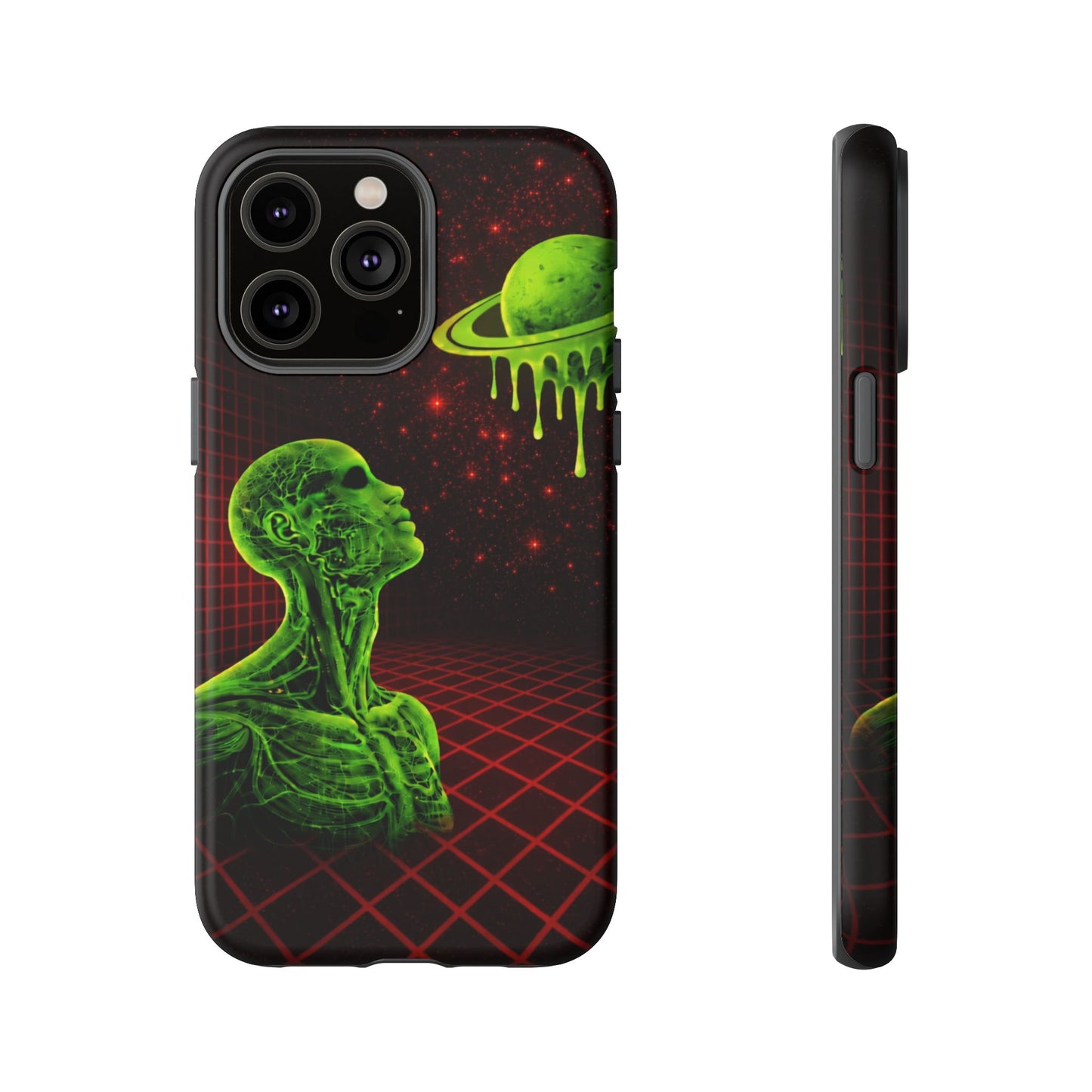 Glowing green anatomical bust gazing up at a dripping Saturn-like planet over a red grid and star-speckled space background on a black phone case.