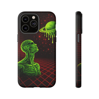 Glowing green anatomical bust gazing up at a dripping Saturn-like planet over a red grid and star-speckled space background on a black phone case.