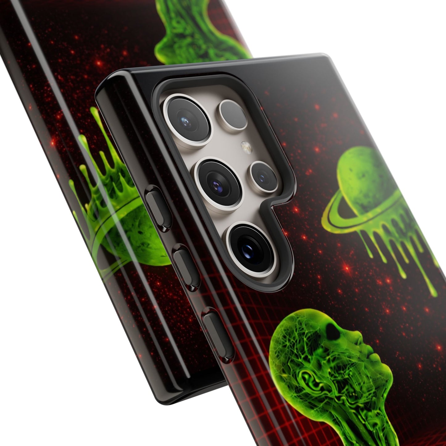 Glowing green anatomical bust gazing up at a dripping Saturn-like planet over a red grid and star-speckled space background on a black phone case.