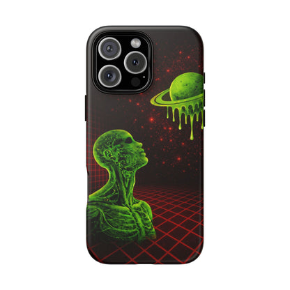 Glowing green anatomical bust gazing up at a dripping Saturn-like planet over a red grid and star-speckled space background on a black phone case.