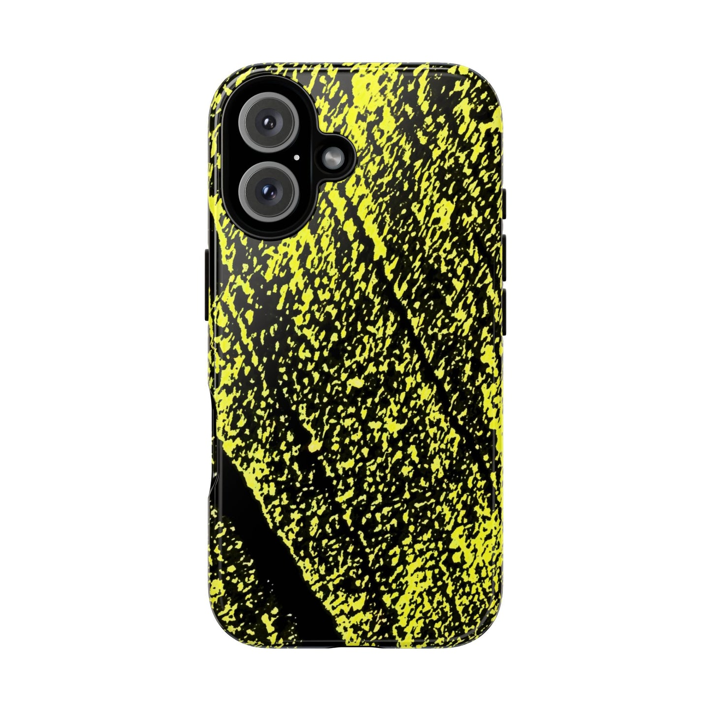 A protective phone case featuring a high-contrast black and neon yellow abstract textured pattern, shown on a plain white background.