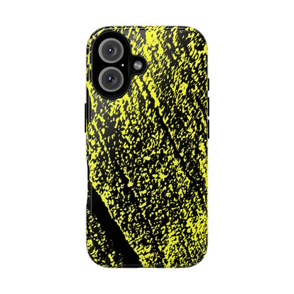 A protective phone case featuring a high-contrast black and neon yellow abstract textured pattern, shown on a plain white background.
