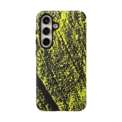 A protective phone case featuring a high-contrast black and neon yellow abstract textured pattern, shown on a plain white background.