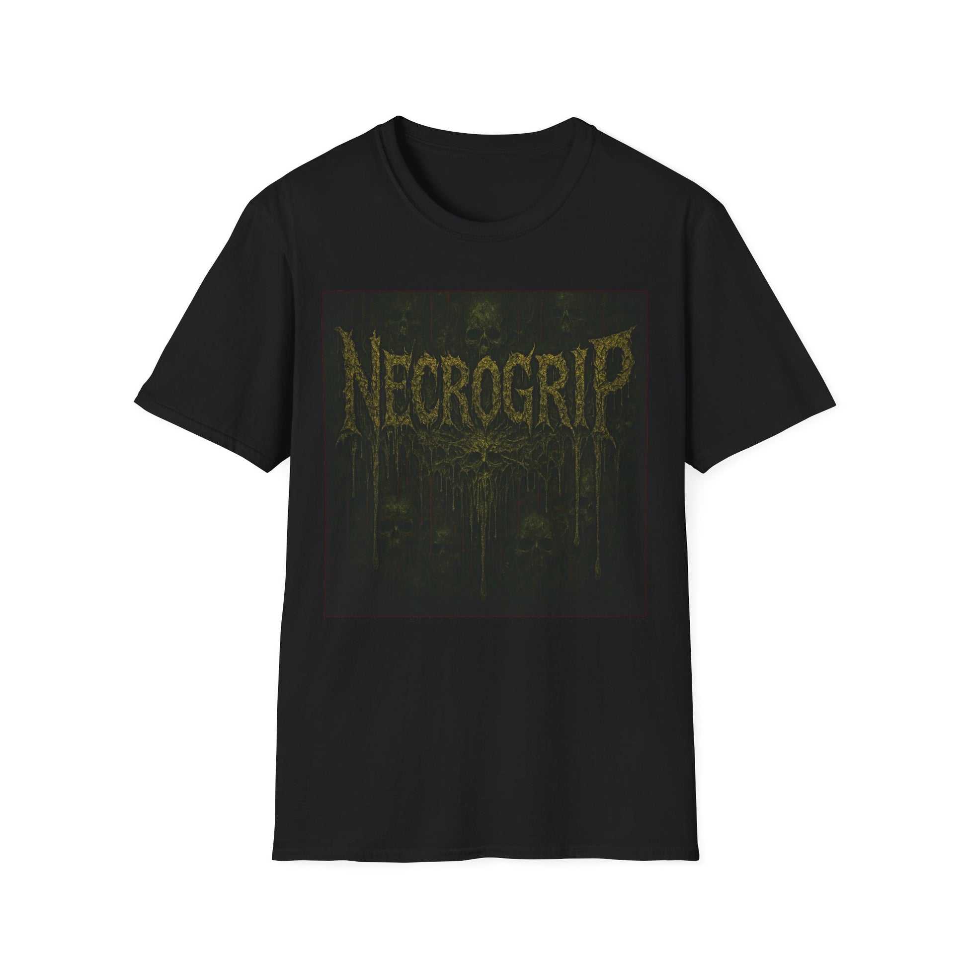 Muddled horror graphic t-shirt by NecroGrip. Distressed skeletal design on black Comfort Colors tee, gothic streetwear.