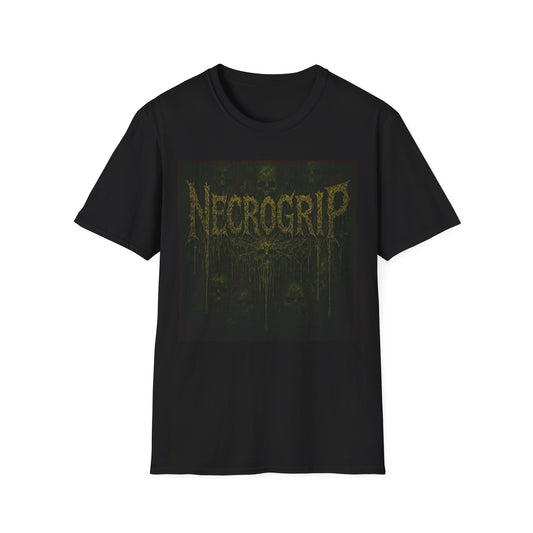 Muddled horror graphic t-shirt by NecroGrip. Distressed skeletal design on black Comfort Colors tee, gothic streetwear.