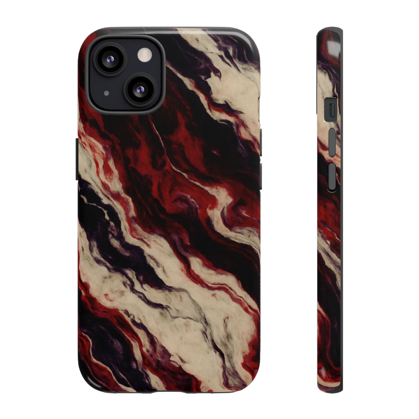 NecroGrip “Fascia” impact-resistant phone case with red, bone, and black marbled streaks, abstract muscle-like pattern on a slim dual-layer shell.
