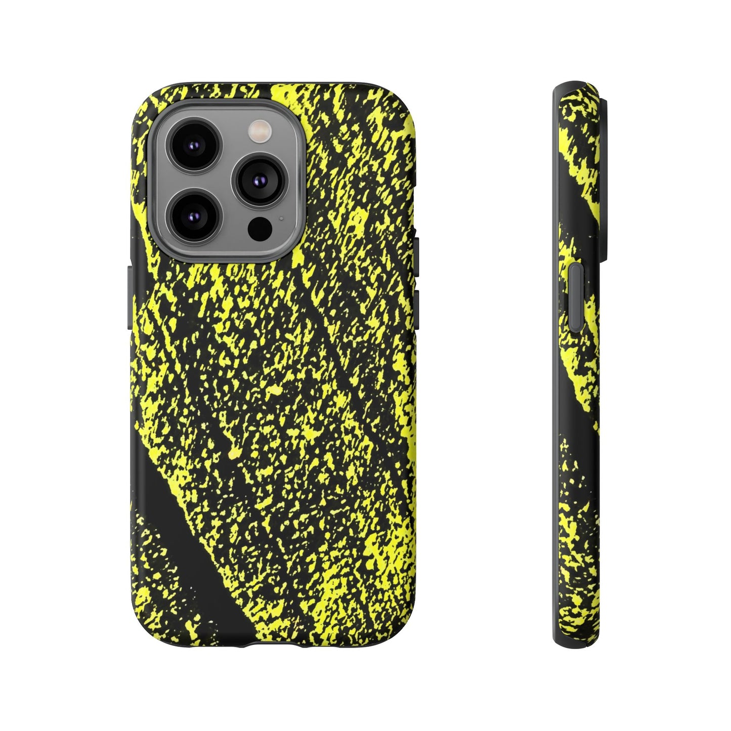 Bloom to Consume protective phone case featuring a black and toxic yellow organic decay pattern.