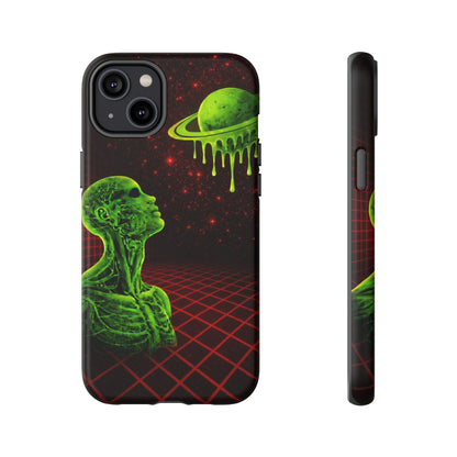 Glowing green anatomical bust gazing up at a dripping Saturn-like planet over a red grid and star-speckled space background on a black phone case.