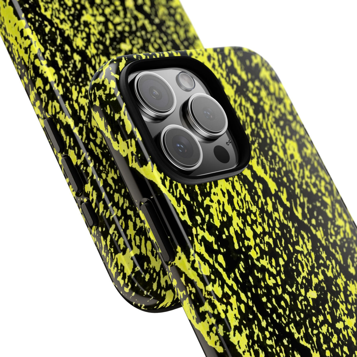 A close-up of a smartphone case with a black and neon yellow splatter pattern, fitted on a phone with a black camera bezel, shown against a plain white background.