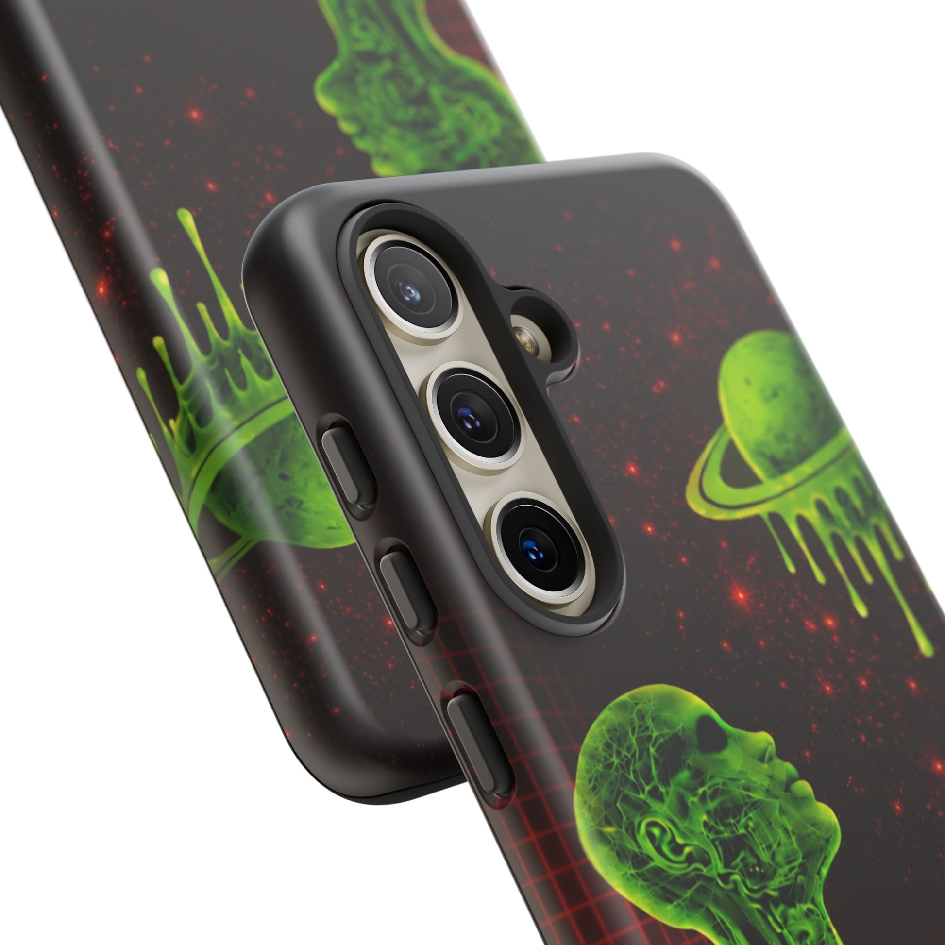 Glowing green anatomical bust gazing up at a dripping Saturn-like planet over a red grid and star-speckled space background on a black phone case.