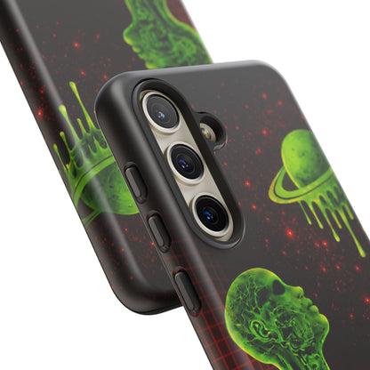 Glowing green anatomical bust gazing up at a dripping Saturn-like planet over a red grid and star-speckled space background on a black phone case.