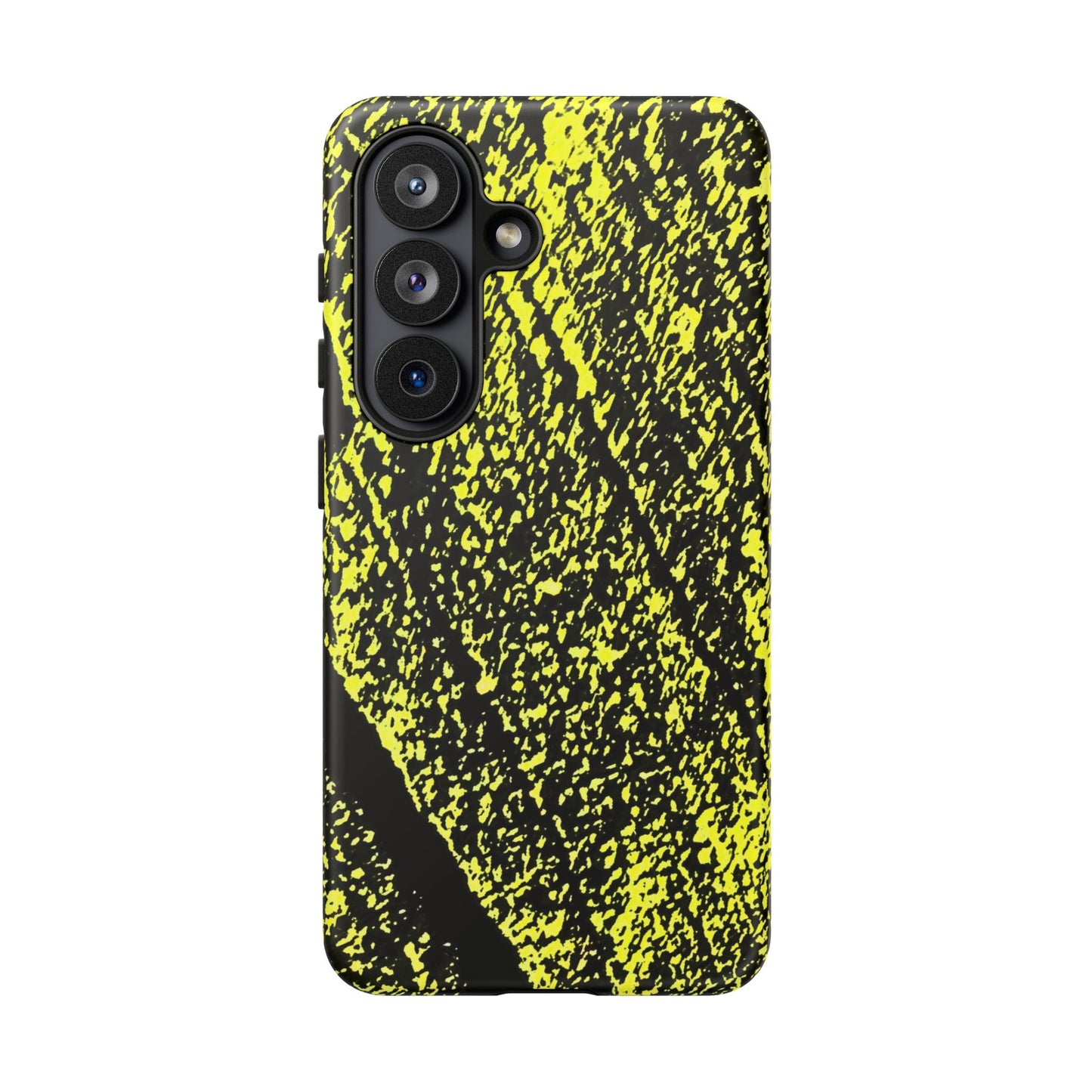 Bloom to Consume protective phone case featuring a black and toxic yellow organic decay pattern.