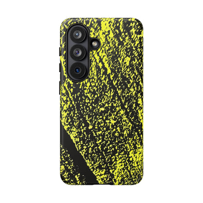 Bloom to Consume protective phone case featuring a black and toxic yellow organic decay pattern.