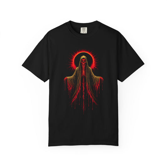 Ecliptic Rot Comfort Colors t-shirt by NecroGrip. Washed black heavyweight cotton with skeletal eclipse design printed on the front.