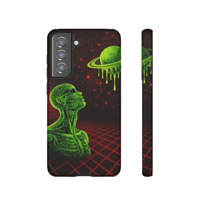 Glowing green anatomical bust gazing up at a dripping Saturn-like planet over a red grid and star-speckled space background on a black phone case.