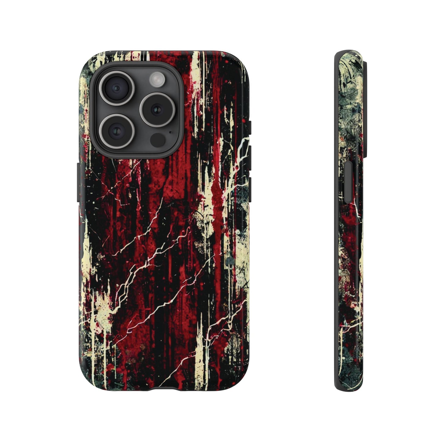 Corrosive impact-resistant phone case with distressed red, black, and bone-white design for iPhone, Samsung, and Google Pixel by NecroGrip.